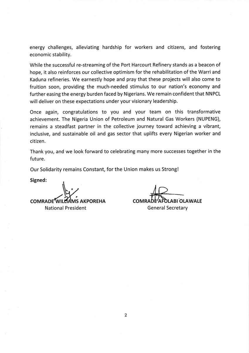officialNUPENG9's tweet image. JUST IN - PRESS STATEMENT

HEARTFELT CONGRATULATIONS ON THE SUCCESSFUL DELIVERY OF THE PORT-HARCOURT REFINERY

#NNPCL #refinery #phrc
