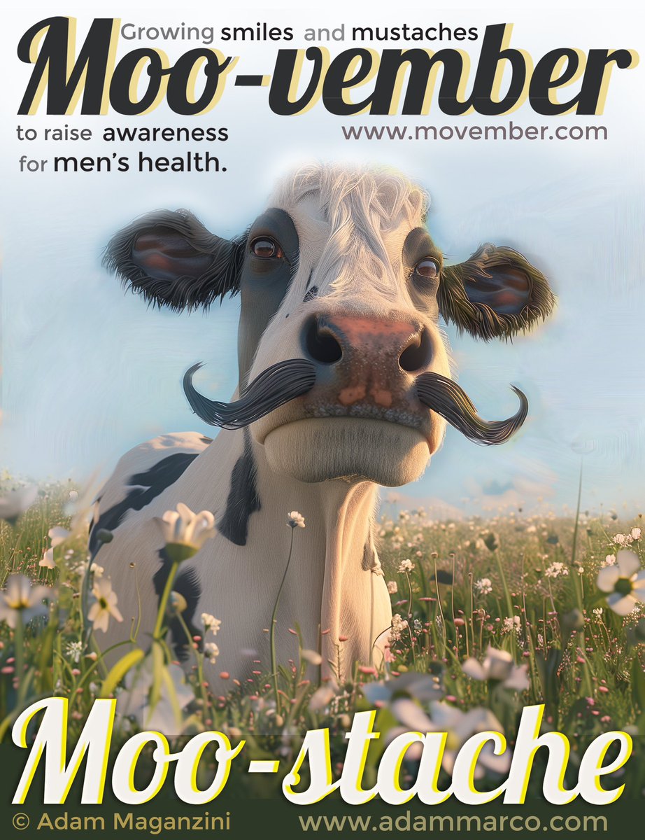 AdamMarcoZ's tweet photo. I created this for the #Movember #Charity. It will be available as a #greetingcard and the proceeds will be donated to the charity. #moo-stache #mustache #cow #moo-vember #graphicdesign #adammarco #artist #designer #inventor https://t.co/Uf0zePacMX