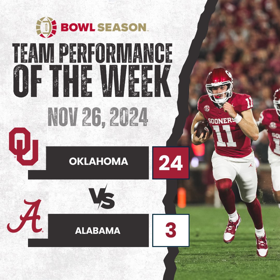 BowlSeason's tweet photo. GO SOONERS! π₯
Congrats to @OU_Football for winning the Bowl Season #TeamPerformanceOfTheWeek for their win against #Alabama!
#BowlSeason #OUDNA #BoomerSooner #Sooners #OklahomaFootball #collegefootball #cfb #football https://t.co/jdKWUNhkdK