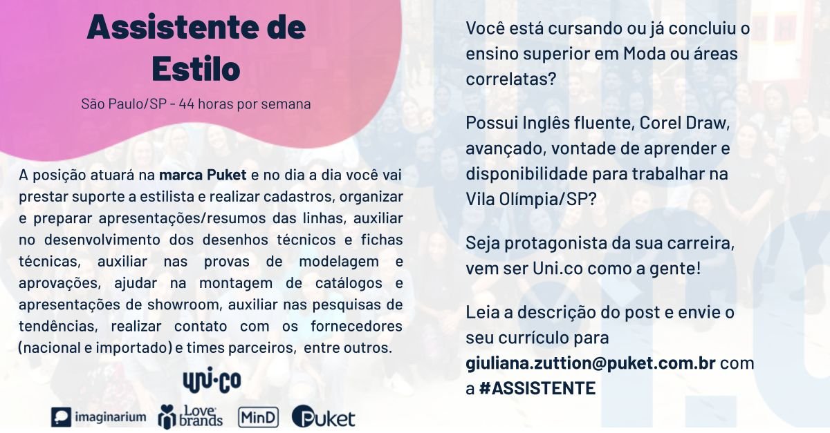 vagadesign's tweet image. 🔶Vaga para Designer de Moda | Assistente

🔸Grupo Uni.co
🔸São Paulo, SP (presencial)

🔸Envie seu currículo e portfólio para giuliana.zuttion@puket.com.br com o assunto &quot;#ASSISTENTE&quot;

+informações em linkedin.com/posts/somosgru…

#vagadesign #vagas