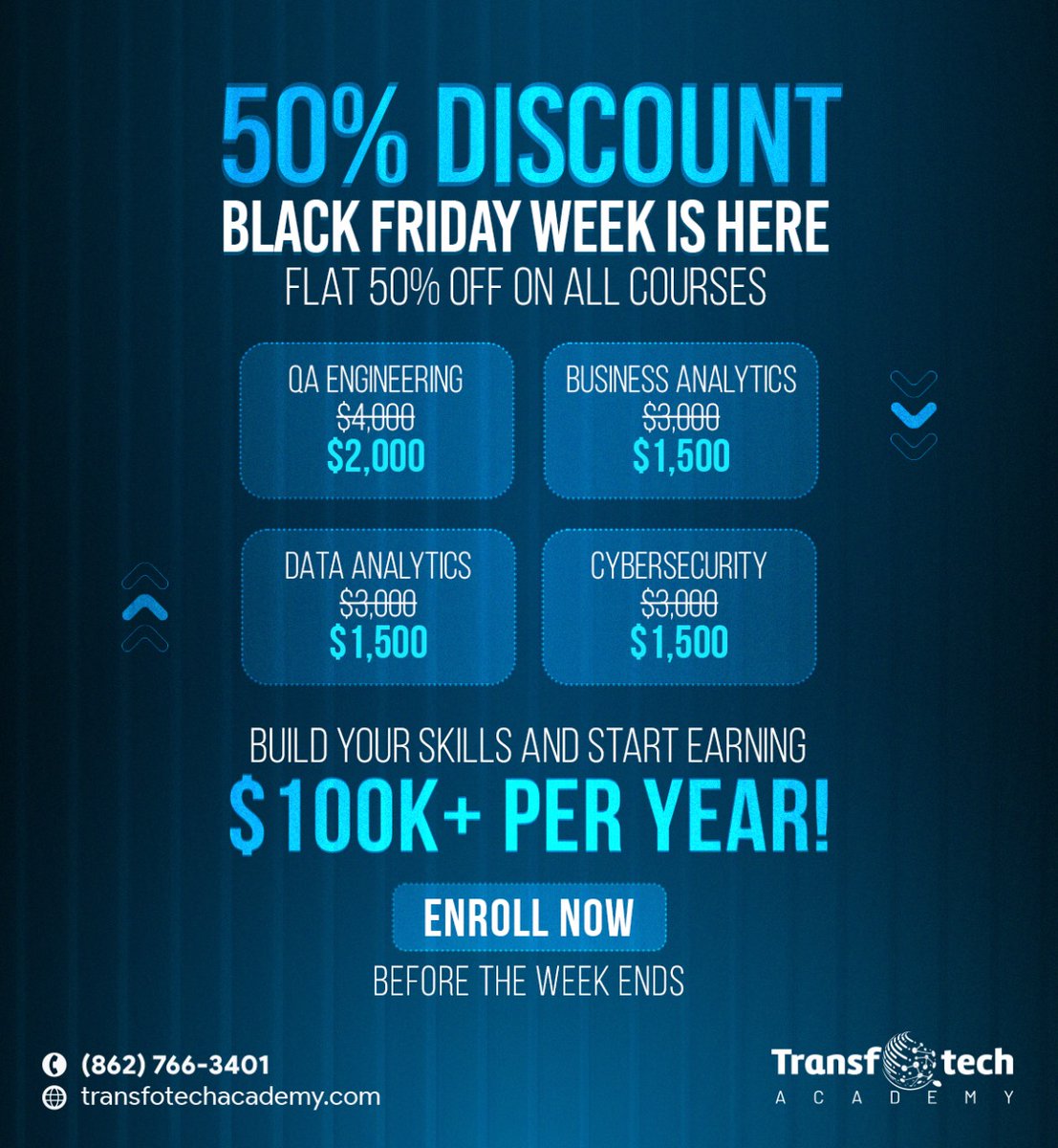TransfotechA's tweet photo. 𝐁𝐥𝐚𝐜𝐤 𝐅𝐫𝐢𝐝𝐚𝐲 𝐖𝐞𝐞𝐤 𝐢𝐬 𝐇𝐞𝐫𝐞!
Don’t miss out on our Flat 50% Discount on all courses! 📷
Whether it's QA Engineering, Business Analytics, Data Analytics, or Cybersecurity, now is the perfect time to invest in your future at half the cost! https://t.co/K8b7rZJ3Ov