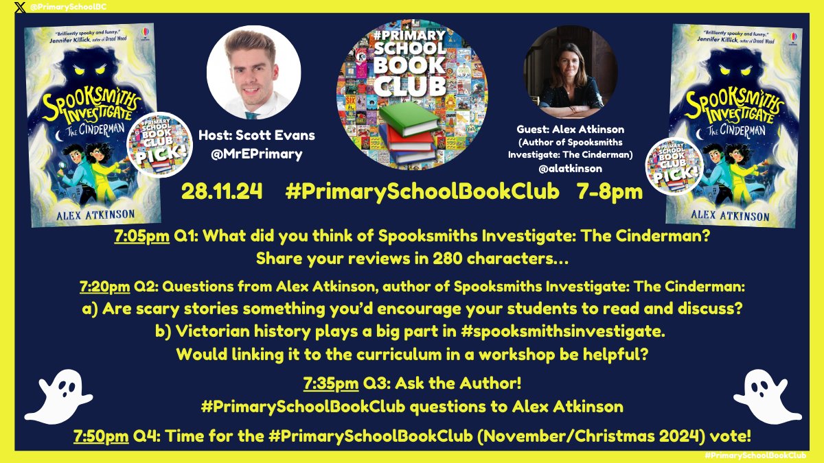 PrimarySchoolBC's tweet photo. 📖Ready for book chat that leaps off the page...
1⃣5⃣mins until #PrimarySchoolBookClub📚 with
Alex Atkinson @alatkinson, author of #PrimarySchoolBookClub Pick #SpooksmithsInvestigate #TheCinderman👻
❓Here’s a reminder of tonight’s Qs!
#⃣Use #PrimarySchoolBookClub!
@Usborne https://t.co/pAkfw1gob0