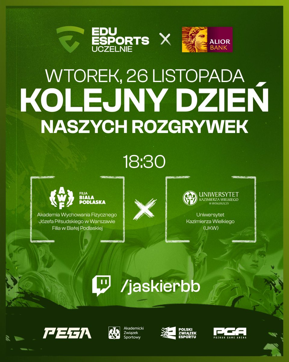 Kolejny dzień daily transmisji z <a href="/edu_esports/">EDU ESPORTS Uczelnie</a> !

⏰18:30
🎙 <a href="/Puszmann_/">Antoni Pusz</a> <a href="/AxwordLol/">Axword</a> 
🖥 twtv/jaskierbb

W ramach PHE dzisiaj debiut zarówno Axworda, jak i tego duetu casterów związanych z <a href="/_ForsakenGG_/">Forsaken</a> 

Wbijajcie, oglądajcie, kibicujcie drużynom i naszym komentatorom!