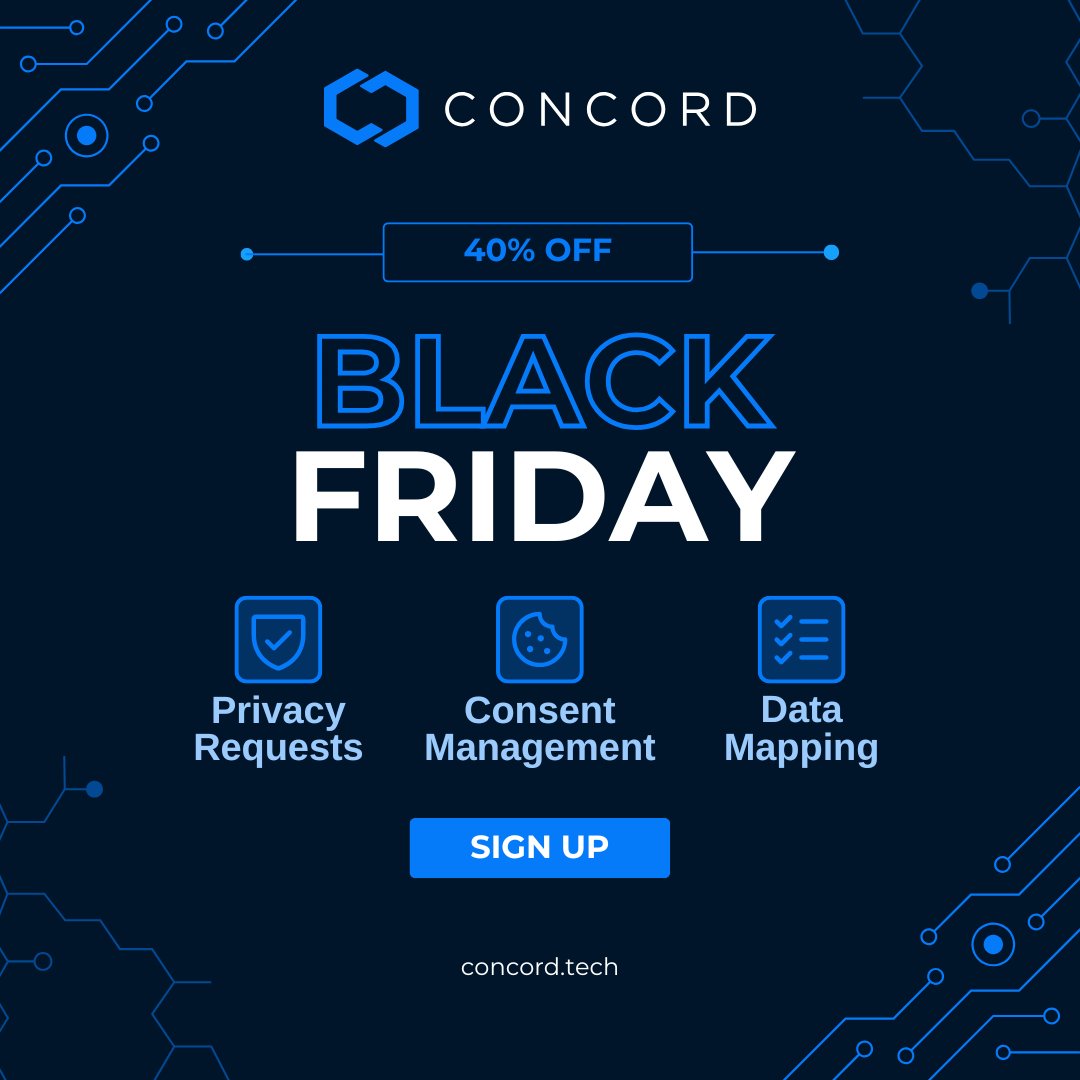 ConcordTech's tweet photo. 🔥 Black Friday Special: For a limited time, get 40% off all plans for 12 months with code BF40. 

Concord makes it easy to build trust with your users and easily comply with the latest data privacy regulations. Our full featured privacy platform includes:

✅ Modern & Stylish Customizable Cookie Banner with Real-Time Scanning & Auto-Blocking
✅ Integrated Privacy Privacy Request Handling (DSAR) via Your Own Branded Privacy Center
✅ Data Mapping for Audit-Ready Reporting & Compliance Documentation
✅ Advanced Features, Including Global Privacy Control Detection, Google Consent Mode V2 Support, Automatic Language Translation, Region Detection w/ Geo-Targeting, & Much More

⏳ Offer ends soon - Sign up at https://t.co/xBg4uqoS4b to save and get compliant now.

#BlackFriday #DataPrivacy #CyberSecurity #Compliance #Privacy #GDPR #CCPA #CPRA #PrivacyFirst #PrivacyMatters