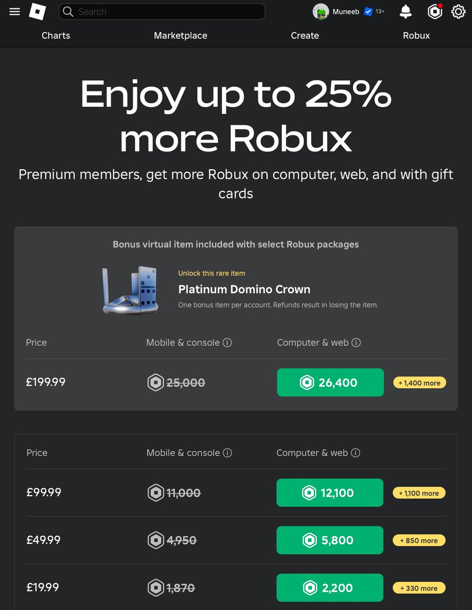 You can now get the Platinum Domino Crown by buying the most expensive Robux package. #Roblox