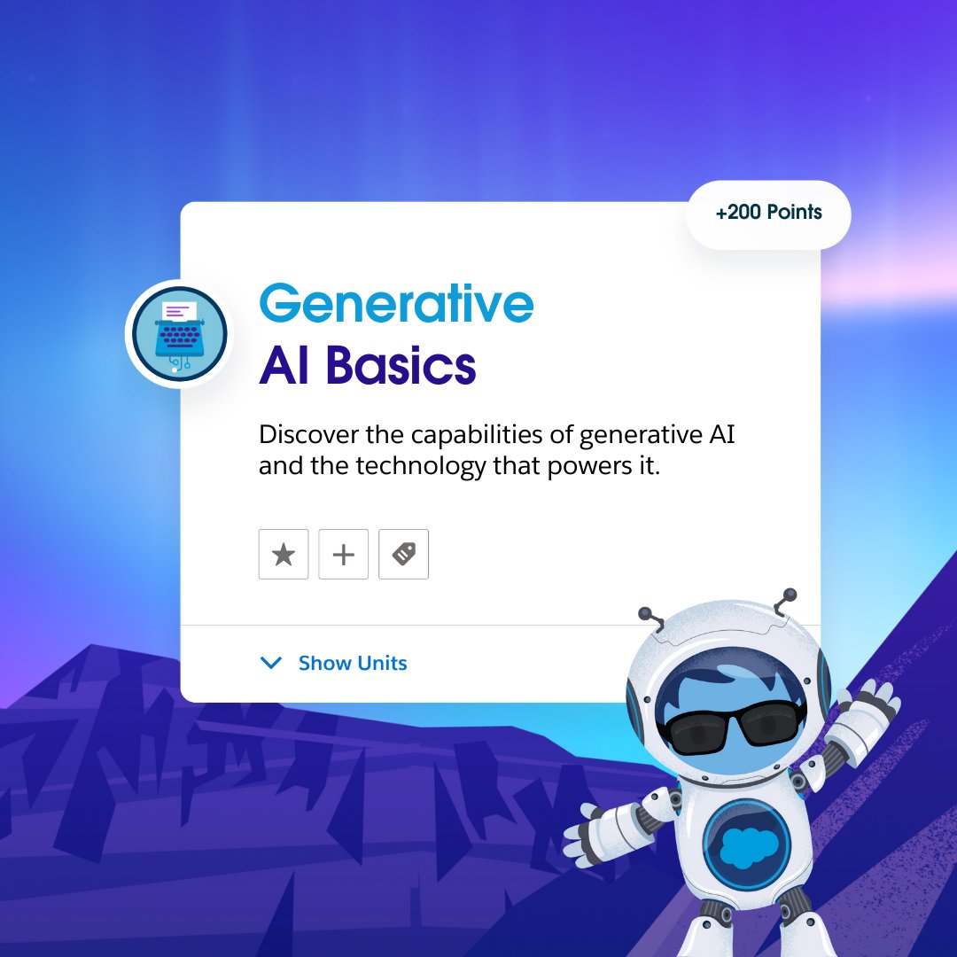 trailhead's tweet photo. Trailblazers, dive into AI with Agentforce! ✨
 
Learn to use it effectively — from its business impact to launching your first agent.
 
Yes, it's time to unlock top use cases and get up to speed on artificial intelligence.
 
Start now: https://t.co/6lypeGmxqV https://t.co/z2ptMQXEET