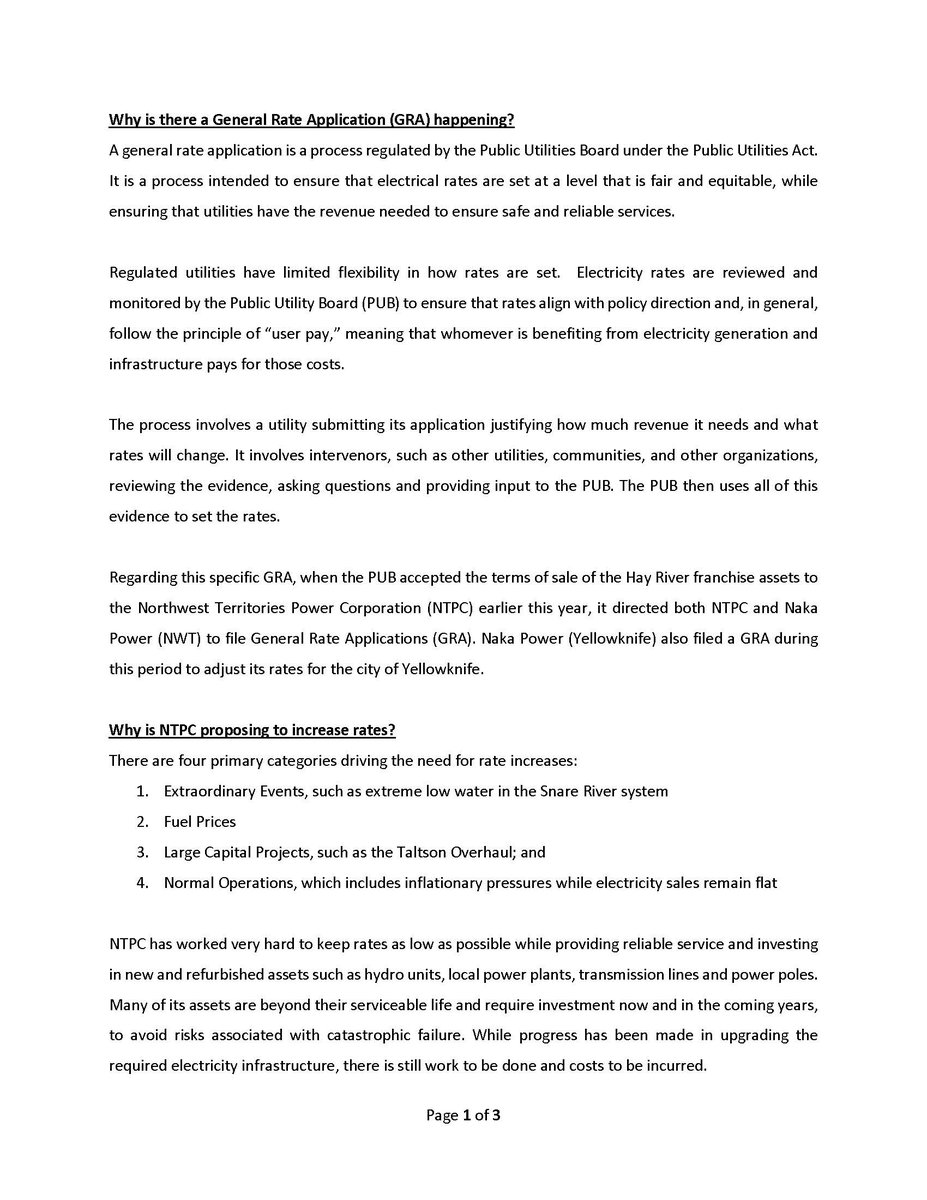 CWawzonek's tweet image. I have been receiving increasing inquiries on the GRA and proposed utility cost increases in the NWT, and wanted to share some responses for #TutorialTuesday to help explain the GRA process, the potential cost impacts and what is being done to try and keep cost impacts minimal.