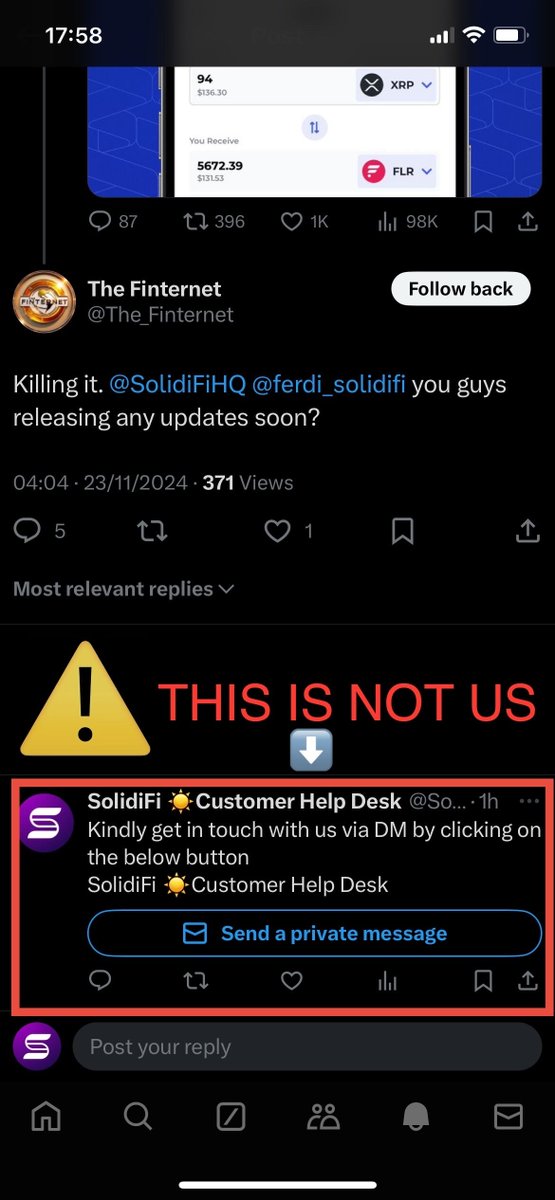 ⚠️IMPORTANT: Our ONLY current official accounts in the SolidiFi ecosystem are:
<a href="/SolidiFiHQ/">SolidiFi ☀️</a>
<a href="/SolidiFiLabs/">SolidiFi Labs</a>
<a href="/SolidiFiNexus/">SolidiFi Nexus</a> 

Please, DO NOT engage with other accounts claiming to be us like @SolidiFlHQ or <a href="/SolidifiHQspt/">SolidiFi ☀️ Support</a>
