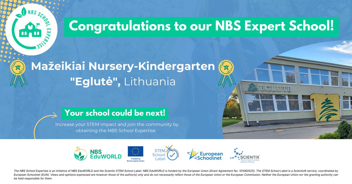 Scientix (@scientix_eu) on Twitter photo Congrats to Mažeikiai Nursery-Kindergarten "Eglutė" for earning the #NBS School Expertise🌿
Their focus on Nature-Based Solutions ans sustainability sets a great example for a nature-positive future💪
Your school could be next🌍<a href="/STEM_Label/">STEM School Label</a> <a href="/NBS_EduWORLD/">NBS EduWORLD</a>
🔗bit.ly/SSL-web Congrats to Mažeikiai Nursery-Kindergarten "Eglutė" for earning the #NBS School Expertise🌿
Their focus on Nature-Based Solutions ans sustainability sets a great example for a nature-positive future💪
Your school could be next🌍<a href="/STEM_Label/">STEM School Label</a> <a href="/NBS_EduWORLD/">NBS EduWORLD</a>
🔗bit.ly/SSL-web