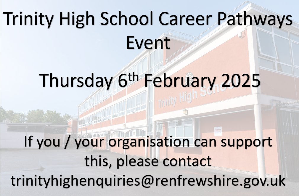Trinityrenfrew's tweet photo. We are looking for volunteers / organisations to support our Careers Pathway Evening in February 2025. If you feel you can offer support and guidance to our pupils at this event please contact the school via details below. @thsparentcounc1 https://t.co/BvgmQ5FLQD