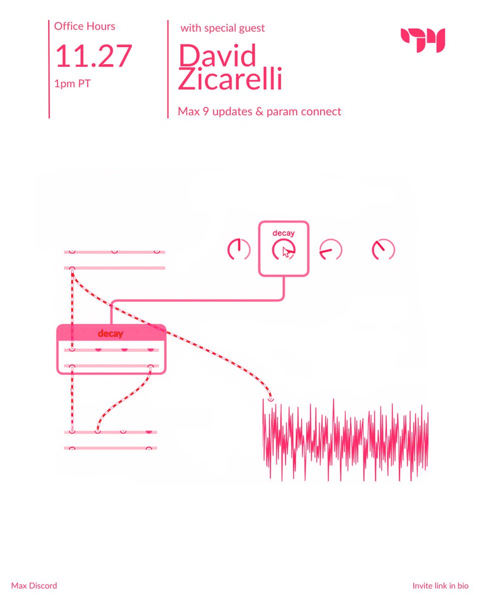 cycling74's tweet image. Join us this Wednesday, 11/27 at 1pm PT for Max Discord Office Hours exploring the new param connect feature and more of Max 9 with developer and Cycling ’74 CEO David Zicarelli. Join here -&amp;gt; discord.gg/max-2893785082…

#maxmsp #maxmspjitter #cycling74