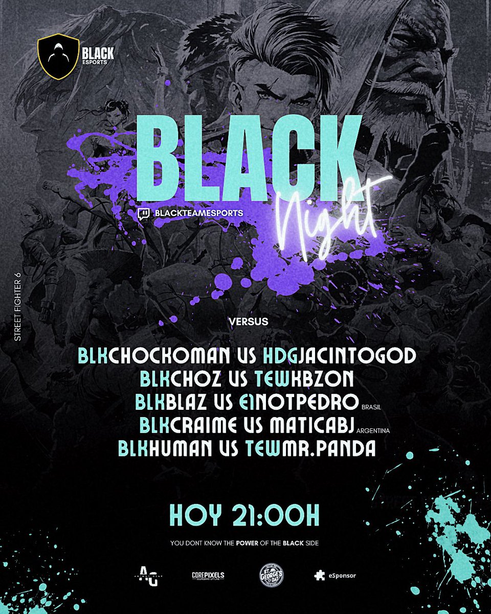 blackesportsfgc's tweet photo. Estos son los duelos de hoy en #BlackNight de #StreetFighter6
@ChockomanTv 🆚 @JacintoGang420
@ElCh0z 🆚 #Kbzon
@DerekBlaz11 🆚 @NotPedro3
@Craimegod 🆚 #maticabj
#human 🆚 @MrPannda
Los esperamos a partir de las 21H (Chile)
Stream: https://t.co/DPkmaBROu4
🖤 https://t.co/n1JGUjTqhd