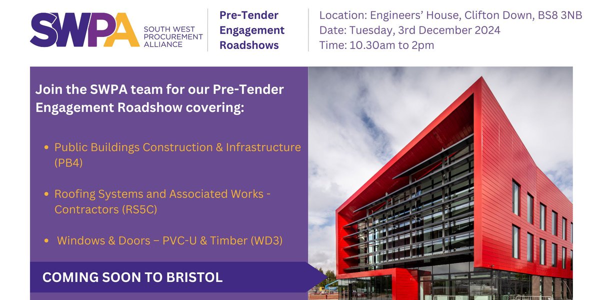 Join the SWPA team for our Pre-Tender Engagement Roadshow covering briefings, discussions, and an open forum for feedback on our new, and upcoming frameworks.

Sign up here for Exeter: buff.ly/48U2vMf 

Sign up here for Bristol:  buff.ly/4eB49DM