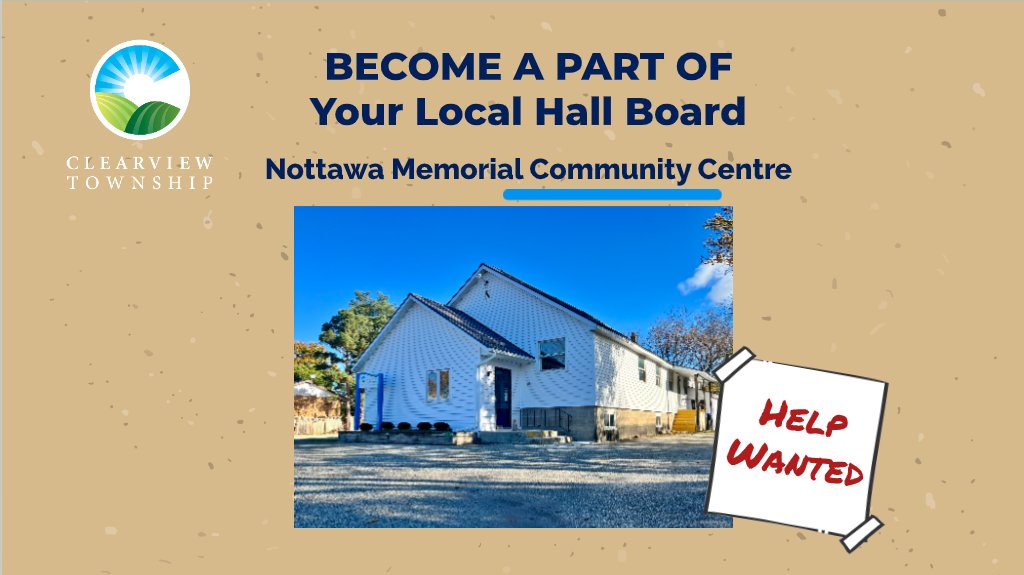 VOLUNTEER OPPORTUNITY - #Clearview is seeking applications from amazing individuals interested in an active role in their community by becoming a member of the #Nottawa Hall Board! The application deadline is Nov. 29th. For details or to apply visit ow.ly/qIh750UaYQY