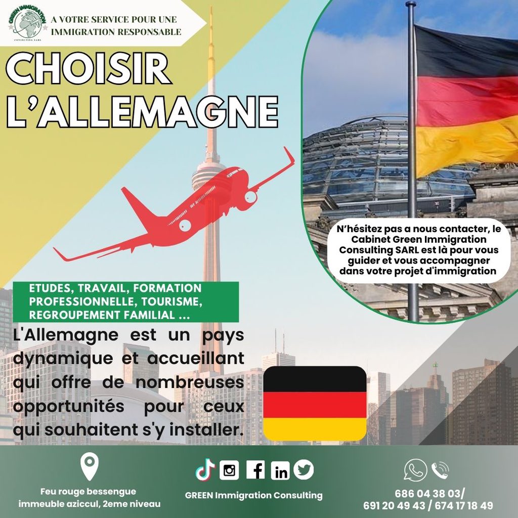 GREENImmigr's tweet photo. Votre avenir en Allemagne, c'est maintenant !
Le Cabinet Green Immigration Consulting SARL est votre partenaire privilégié pour une installation réussie en Allemagne. https://t.co/sETRTtkury