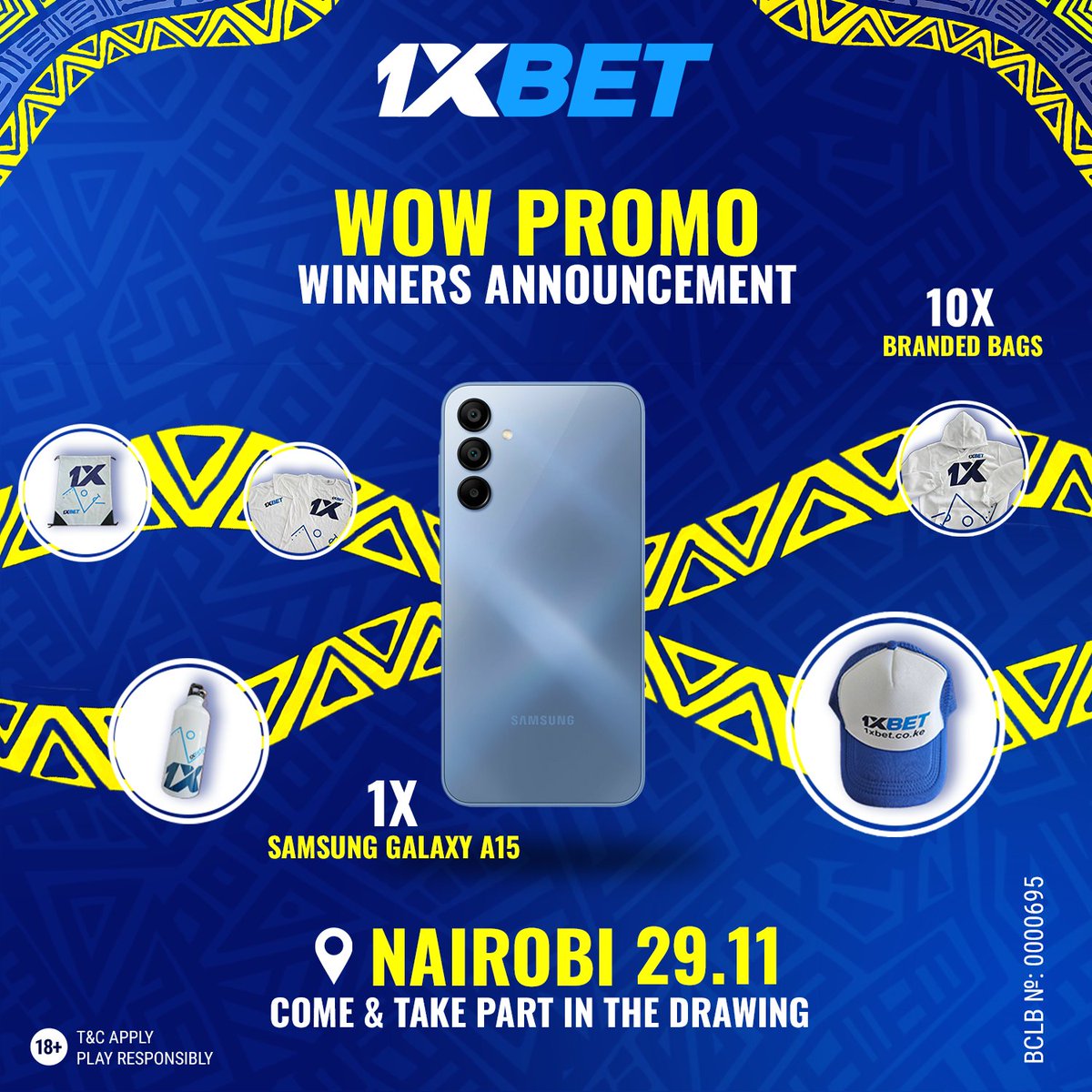 1xbetkenya_'s tweet photo. 🌟 WOW Promo Winners Celebration! 🌟
📅 29th Nov, Kihwa Business Center, Ngara Rd.
🎁 Prizes:
- 10 branded bags
- 1 Samsung Galaxy A15 📱
✨ To enter: Bet 300 KES+ from 25.11 to 29.11.
🗓️ Raffle during the event! Don’t miss out! 🏆
#WOWPromo #1xBetKenya https://t.co/ORN0xN1aaR