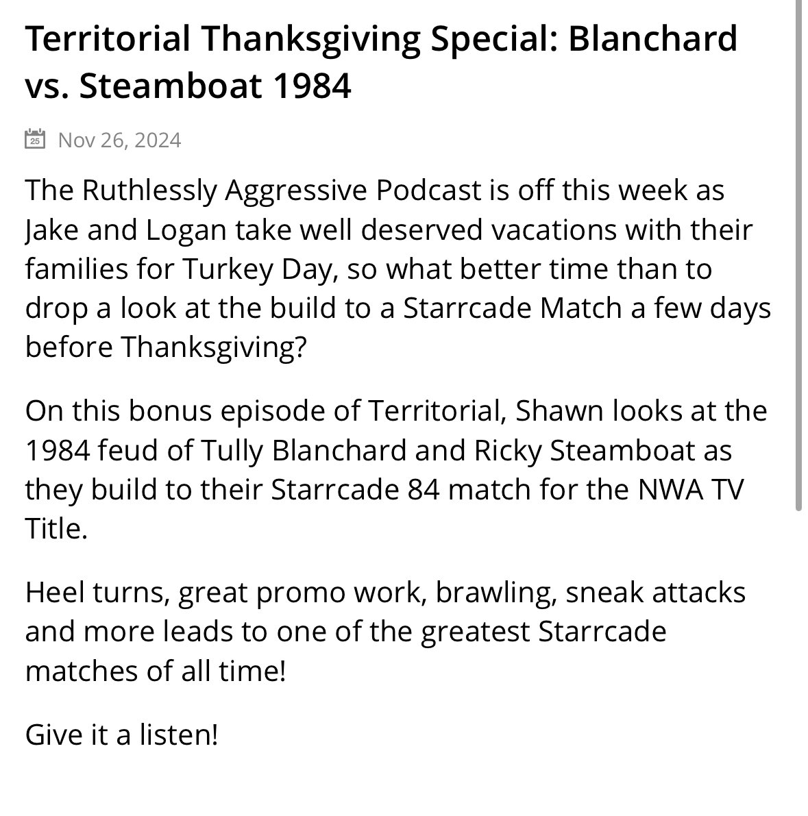 Bonus episode on one of my favorite Starrcade matches!

Territorial Thanksgiving Special: Blanchard vs. Steamboat 1984, podbean.com/wlei/pb-wrf8y-…