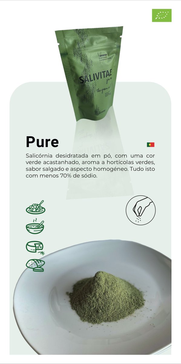 salivitae's tweet photo. Pure - Salicornia Powder, with a brownish green color, vegetables aroma, salty flavor and homogeneous appearance

Essential - Salicornia in Pieces, with a dark green color, vegetables aroma, salty flavor, crunchy texture and heterogeneous appearance

All this with 70% less sodium https://t.co/DJ9a1nq7OW