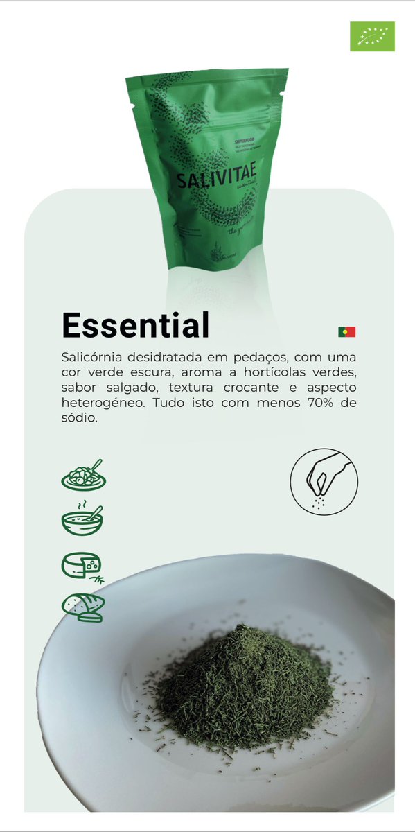 salivitae's tweet photo. Pure - Salicornia Powder, with a brownish green color, vegetables aroma, salty flavor and homogeneous appearance

Essential - Salicornia in Pieces, with a dark green color, vegetables aroma, salty flavor, crunchy texture and heterogeneous appearance

All this with 70% less sodium https://t.co/DJ9a1nq7OW