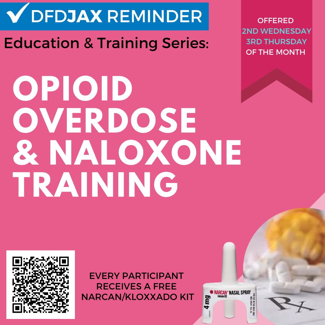 You don’t want to miss DFDJax’s FREE, life-saving training! 🗓️ Two times a month, we hold an online, virtual training educating participants on Opioid overdoses and how and when to use #Narcan💊. Each participant receives a free Narcan kit. 📲 Register at Bit.ly/getnarcan