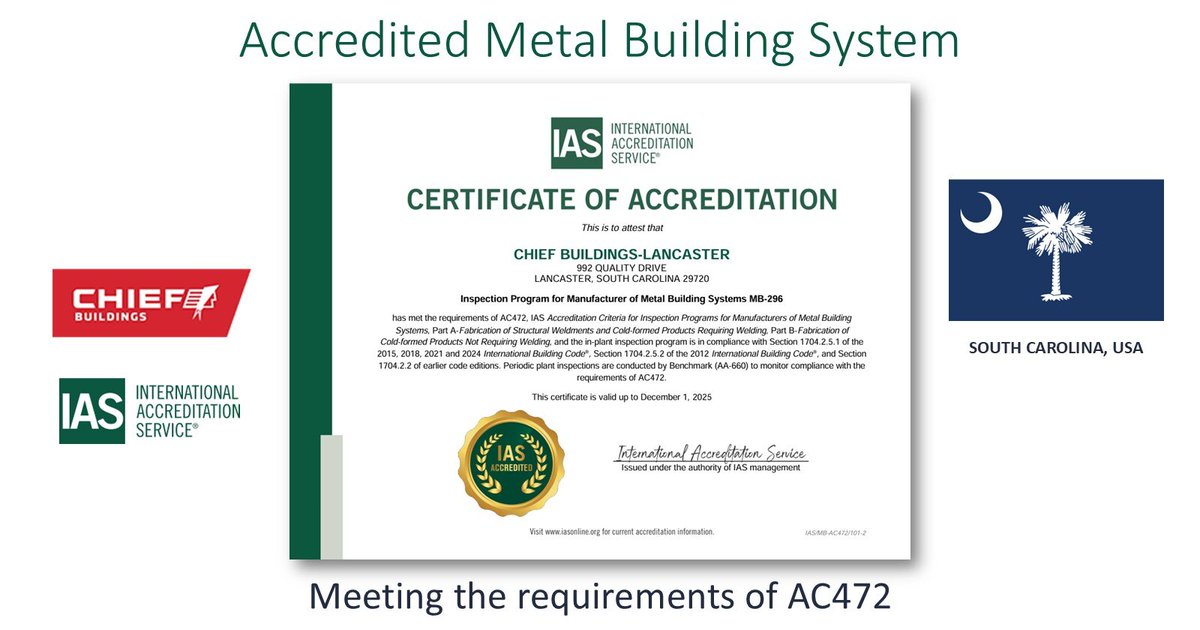IntlAccredSvc's tweet image. Congratulations Chief Buildings-Lancaster in South Carolina for becoming an IAS Accredited Metal Building System. Demonstrating compliance with AC472. bit.ly/3V35BrO #IASAccredited #AC472 #MetalBuildingSystem #ChiefBuildings #Lancaster #SouthCarolina