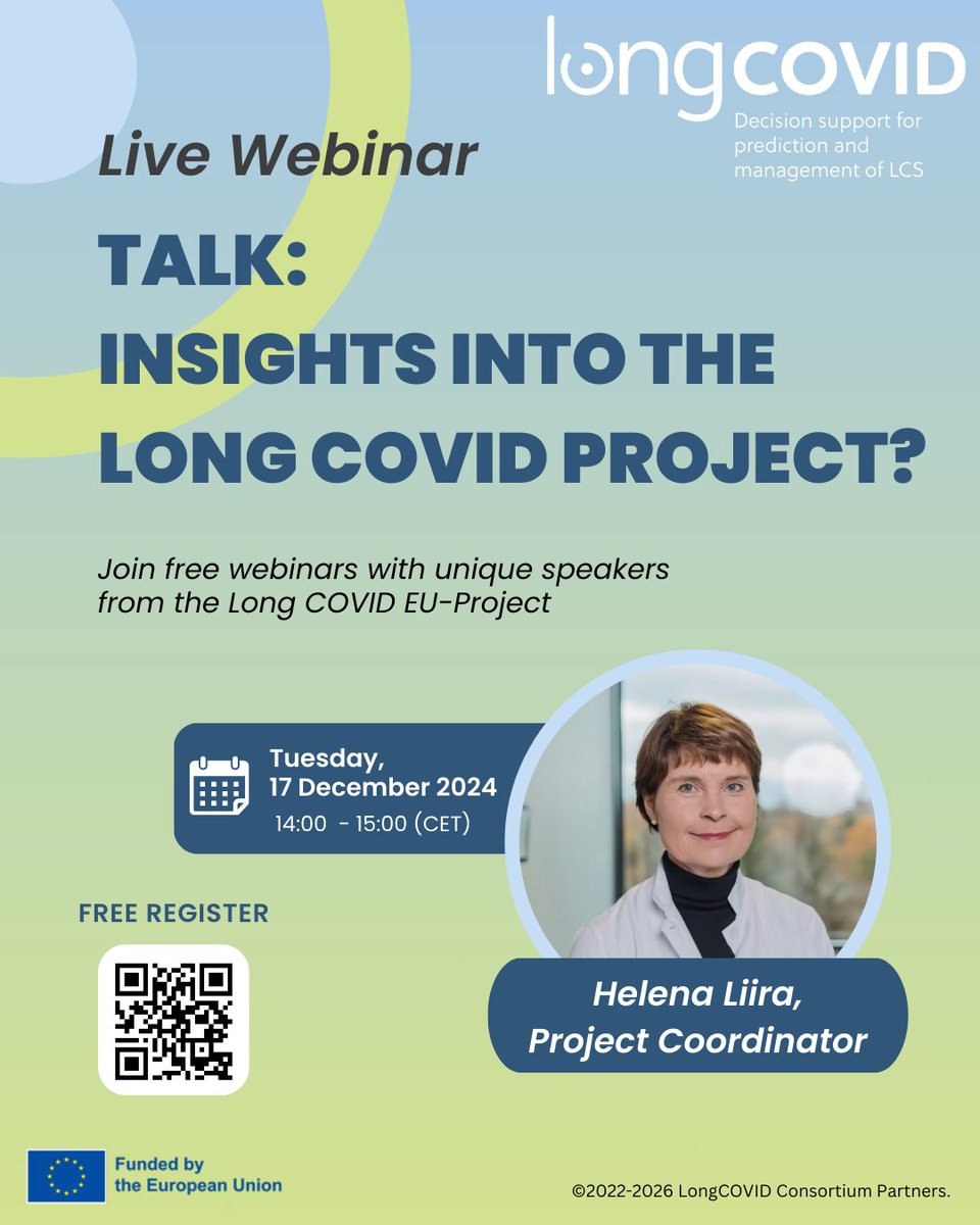 Long COVID Project (@longcovid_he) on Twitter photo 📢#Webinar update! Join our #webinar on December 17 & don't miss our 1st talk: "Insights into the <a href="/LongCOVID_HE/">Long COVID Project</a> Project" Hear from <a href="/HelenaLiira/">Helena Liira</a>, our esteemed Coordinator, about the aims& progress of our project. Don't miss it! Register now: eveeno.com/lc_webinar
#AIinHealthcare 📢#Webinar update! Join our #webinar on December 17 & don't miss our 1st talk: "Insights into the <a href="/LongCOVID_HE/">Long COVID Project</a> Project" Hear from <a href="/HelenaLiira/">Helena Liira</a>, our esteemed Coordinator, about the aims& progress of our project. Don't miss it! Register now: eveeno.com/lc_webinar
#AIinHealthcare