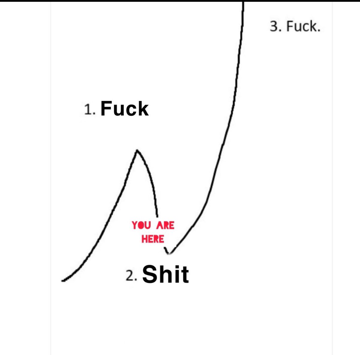 GoingParabolic's tweet photo. Most of you are new here so I’m going to teach you the path bitcoin takes along its epic bull runs each cycle. 

The path is called the “Fuck Shit Fuck” pattern. It has three parts. 

Part 1. Fuck - I should have bought bitcoin 

Part 2. Shit - I knew I should have waited this thing is dumping like dog shit

Part 3. Fuck - I should have bought the dip Arrrggghhh. 

Hint - this is the shit part - you are here.