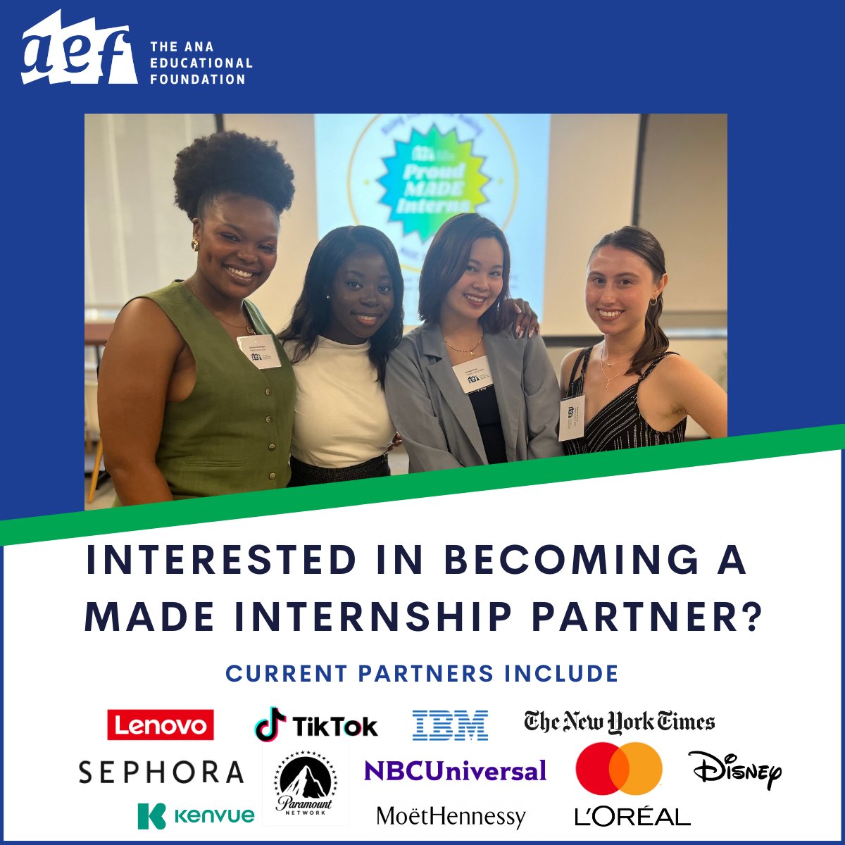 Join the ANA Educational Foundation's MADE Internship program for 2025! Partner with us along with top companies like IBM, NBCUniversal, and Disney. We screen candidates and share only the best. linktr.ee/AEFPrograms?ut…