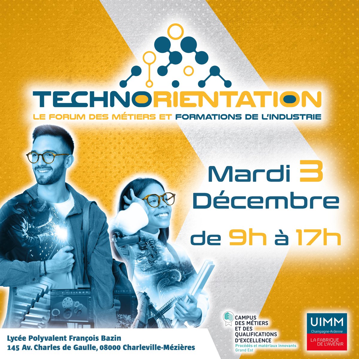 cmqpmica's tweet photo. Prêt à imaginer ton avenir ?
Rendez-vous au Forum Technorientation, le salon dédié aux #métiers et #formations de l'#industrie !
Mardi 3 décembre, 9h-17h
@lyceebazin, @VilledeCMz
Viens découvrir les métiers qui façonnent l’industrie de demain !
#Technorientation https://t.co/XsDQkcpfOD