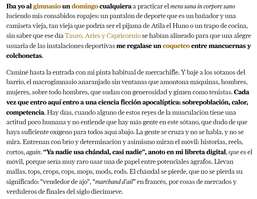 Escribo en <a href="/CNTravelerSpain/">Condé Nast Traveler</a> sobre gimnasios y flirteos.  Todo muy ridículo.