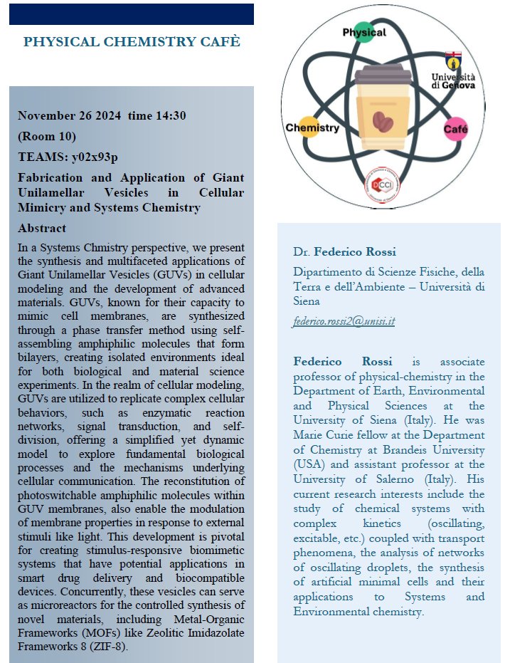 smartcell_unisi's tweet image. 🧪Join today&apos;s seminar hosted by Dr. Federico Rossi as visiting lecturer at Univesity of Genova, to explore the fascinating advancements in #SystemsChemistry and #SyntheticBiology! 
🗓️26 Nov., 2.30 pm CET
📍Room 10, #Chemistry Dept. - Univ. of #Genova 
🌐Online on Teams: y02x93p