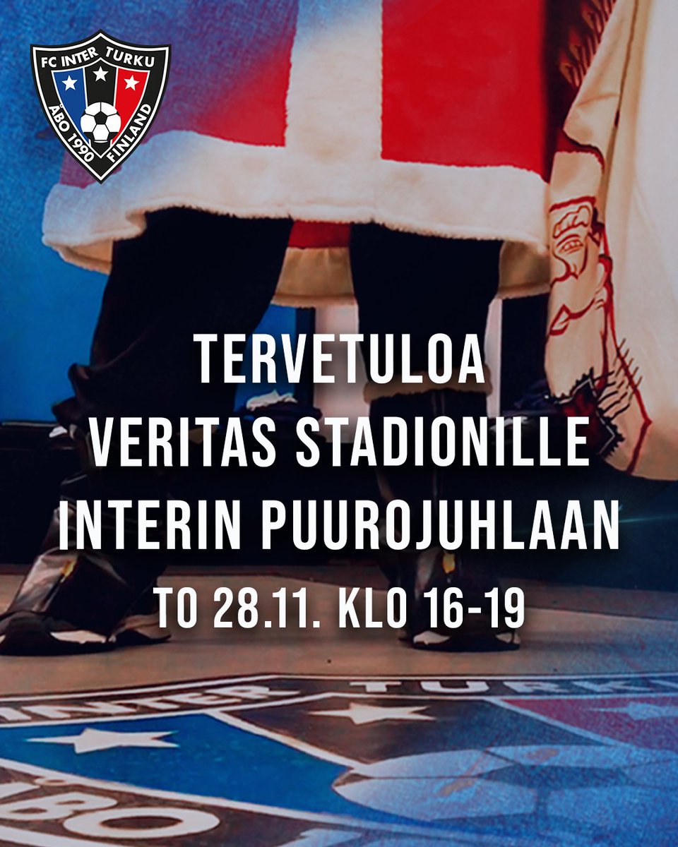 FCInterTurku's tweet photo. Tervetuloa puurojuhlaan Veritas Stadionille🎄

Tarjolla puuroa ja lämmintä juotavaa. Puurosta on mahdollista lahjoittaa vapaavalintainen summa Interin tukirahastoon. 🙌🏼

Tapahtuma on kaikille avoin ja maksuton. Tervetuloa! 💙🖤

#fcinterturku #fcinterjuniorit #veikkausliiga https://t.co/tyhgaI3ENV