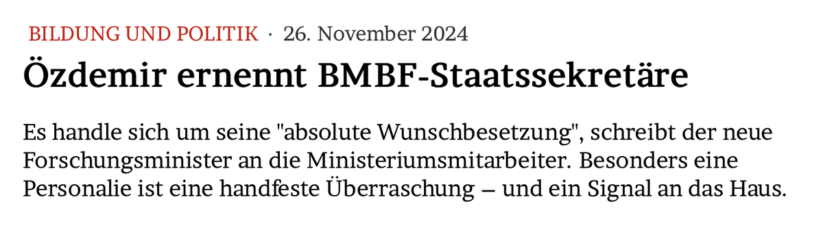 JMWiarda's tweet photo. EIL: Özdemir ernennt BMBF-Staatssekretäre

Es handle sich um seine "absolute Wunschbesetzung", schreibt der neue Forschungsminister an die Ministeriumsmitarbeiter. Besonders eine Personalie ist eine handfeste Überraschung – und ein Signal an das Haus.

https://t.co/nCeOl0GDvC https://t.co/XzVGM2gkRK
