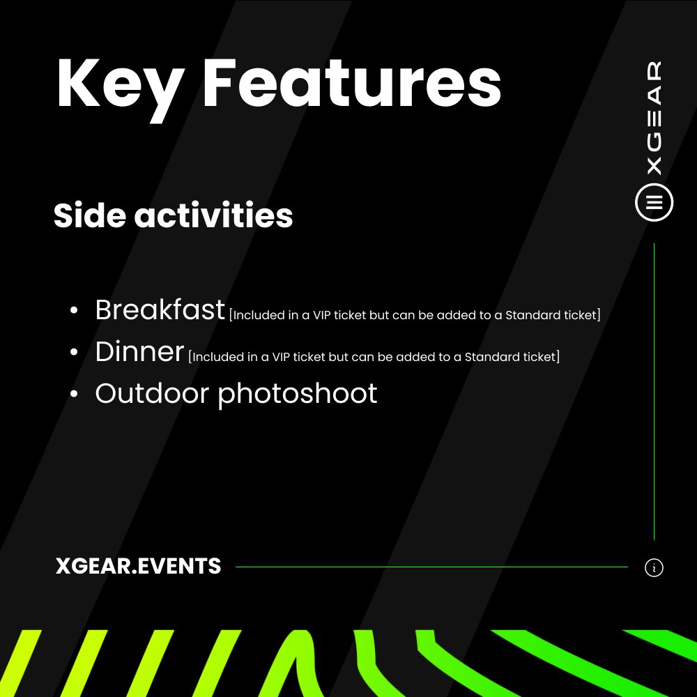 [ENG]
- Breakfast [included in a VIP ticket but can be added to a Standard ticket]
- Dinner [included in a VIP ticket but can be added to a Standard ticket]
- Outdoor photoshoot