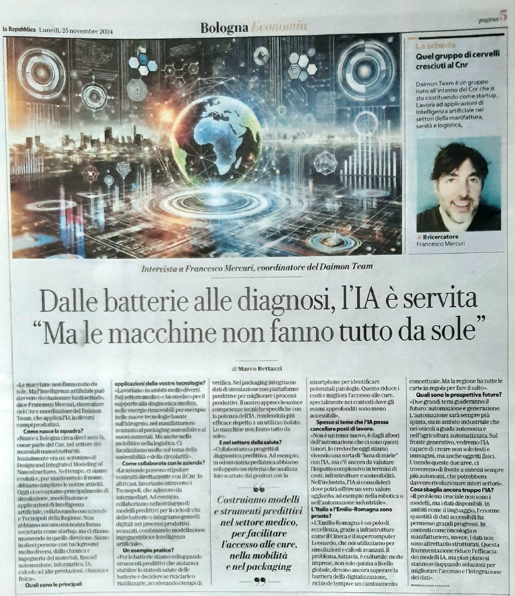 Daimoners's tweet photo. DAIMON su @rep_bologna!
📰✨Innovazione in digitalizzazione, AI e simulazioni avanzate per materiali sostenibili, salute, energie rinnovabili e circolarità.
📍28/11 MATCHER ON STAGE @ Opificio Golinelli, Bologna.
Vi aspettiamo!
#DAIMON #AI #Innovazione #Sostenibilità #MATCHER https://t.co/fNqCUEcR70