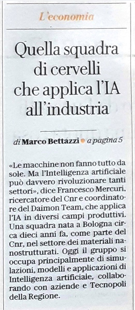 DAIMON su <a href="/rep_bologna/">Repubblica Bologna</a>!
📰✨Innovazione in digitalizzazione, AI e simulazioni avanzate per materiali sostenibili, salute, energie rinnovabili e circolarità.
📍28/11 MATCHER ON STAGE @ Opificio Golinelli, Bologna.
Vi aspettiamo!
#DAIMON #AI #Innovazione #Sostenibilità #MATCHER