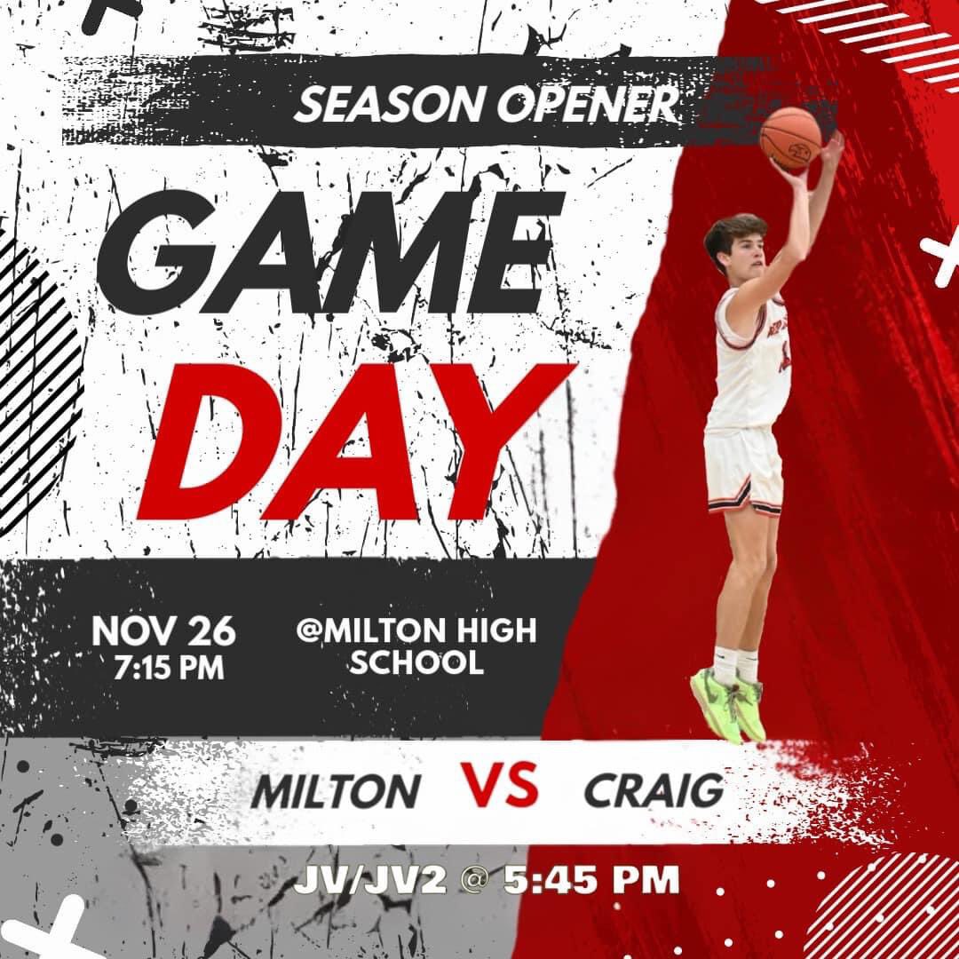 The wait is finally over, it’s GAMEDAY!!!

⏰ 7:15 PM Varsity / 5:45 JVs
📍 Milton High School
🆚 Janesville Craig
📺 Red Hawk Media On Youtube (<a href="/RedHawkMedia1/">Red Hawk Media</a>)

See you there loud and proud!! ❤️😎🖤

#OnTheHawk🏀