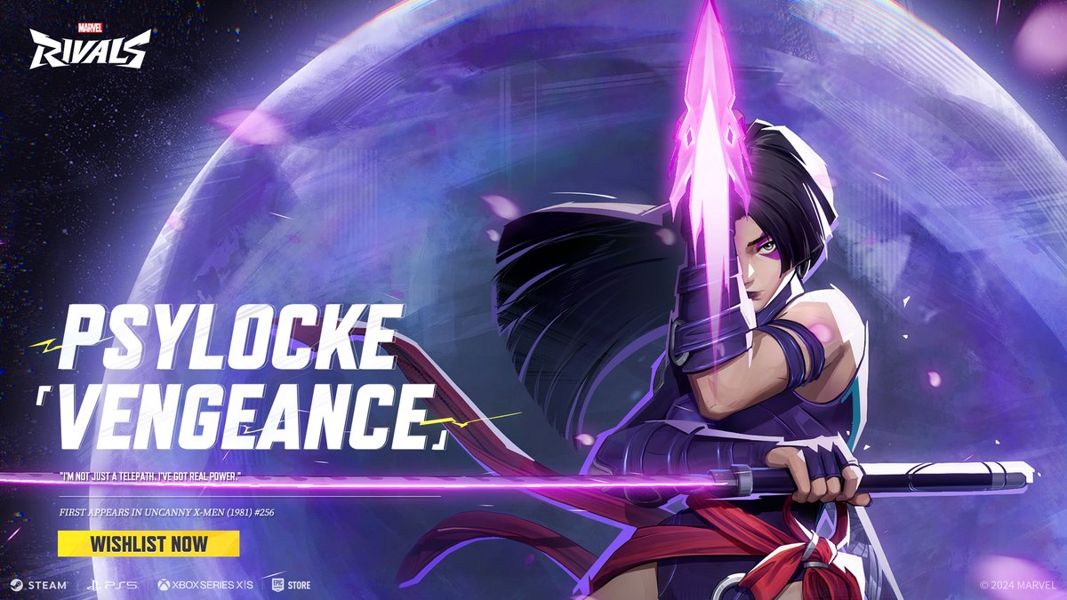 [Vengeance]

Brainwashed and forced to turn against her teammates, Psylocke refused to break. After conquering her own mind, she began a journey possessed by loyal fury. With her unparalleled strength and speed, Psylocke is ready to unleash her vengeance in Marvel Rivals on December 6th!

Wishlist Marvel Rivals now on:
Steam: https://t.co/5bSfWlaT0D
PlayStation: https://t.co/4DrBfrrBVW
Xbox: https://t.co/ax5fPFQaCj
Epic Games: https://t.co/PIbGnqeRr9

#MarvelRivals #Marvel #MarvelGames #RivalsAssemble #Psylocke