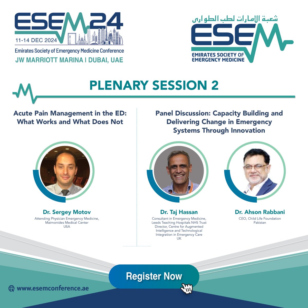 Plenary Session 2 – Acute Pain Management and Emergency System Innovation. Sign up for ESEM24 today to reserve your seat! Register here: bit.ly/44iOy8x 
#ESEM24 #EmergencyMedicine #DubaiConference #MedicalAdvancements #GlobalHealthcare