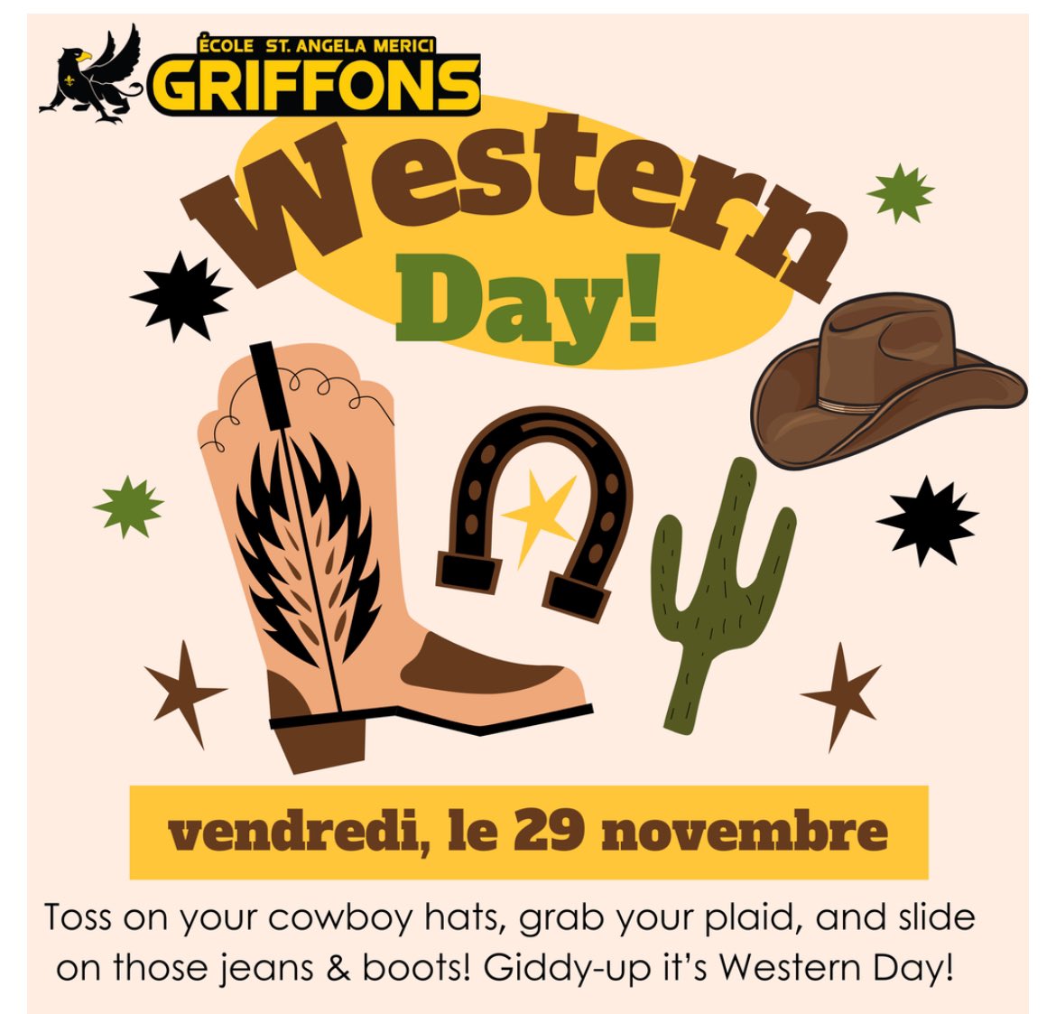 Hey y’all! It’s Western Day this Friday, so cowpokes, yer better throw on those jeans, plaid shirts, cowboy hats and slide into yer boots! Y’haw!!! 👢🌵🤠🐴