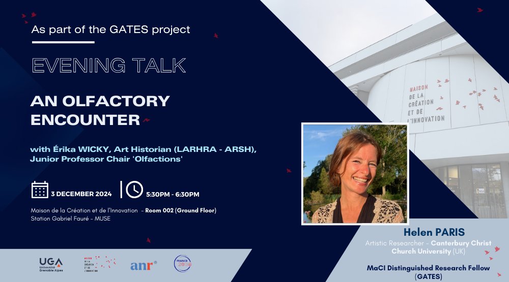 [CONFÉRENCE GATES] "An olfactory encounter" par <a href="/drhelenparis/">helen paris</a> (<a href="/CanterburyCCUni/">Canterbury Christ Church University</a> - Distinguished Fellow GATES) et <a href="/ErikaWicky/">Érika Wicky</a> (<a href="/LARHRA/">LARHRA</a>)
➡️3 décembre - 17h30
Détails et lien Zoom:
maci.univ-grenoble-alpes.fr/fr/actualites/…