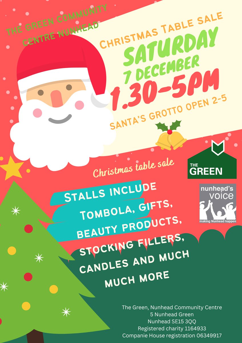 Christmas Table Sale. Saturday 7th December. The Green Nunhead Community Centre, SE15 3QQ...PLS RT <a href="/Hollydale_PTA/">Friends of Hollydale</a> @HollydaleSchool <a href="/SwkCharities/">Southwark Charities</a> <a href="/fionasands18/">Fiona Sands</a> @thegreennunhead <a href="/IvanhoeResAssoc/">Ivanhoe Residents</a> <a href="/nunheadchoir/">Nunhead Comm Choir</a> <a href="/NunheadsVoice/">Nunhead's Voice</a> <a href="/Lucy_Osborne/">Lucy Osborne</a> <a href="/Miatsf/">Miatta Fahnbulleh</a> @ShinyShep <a href="/PeckhamVision/">Peckham Vision</a>