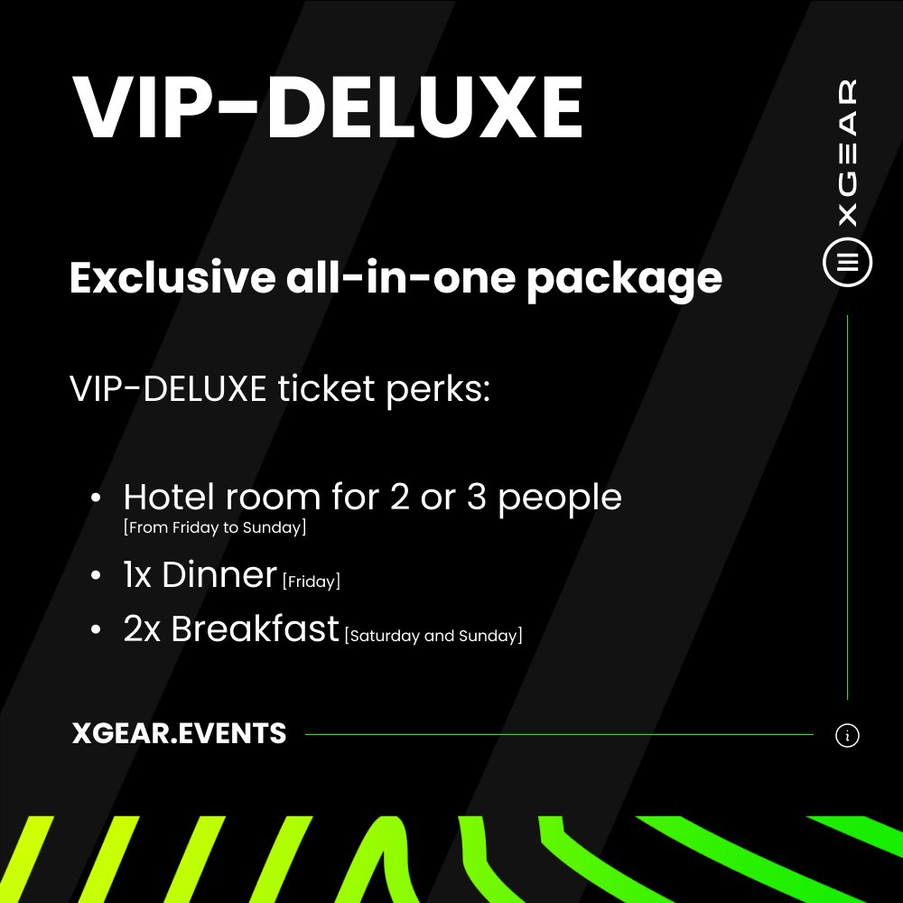[ENG]
VIP-DELUXE Ticket Perks:
- Hotel room for 2 or 3 people [From Friday to Sunday]
- 1x Dinner [Friday]
- 2x Breakfast [Saturday and Sunday]