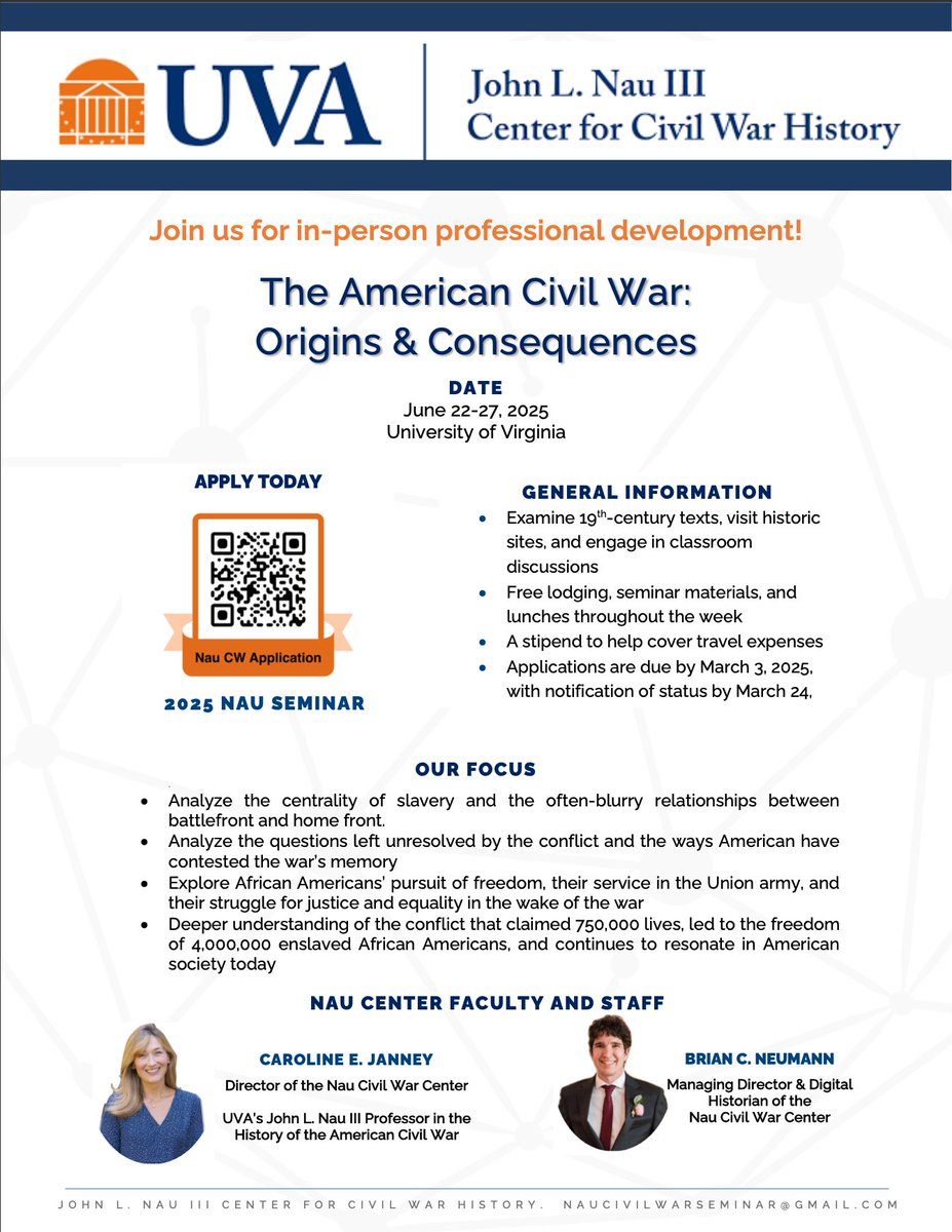 Applications are open for the in-person teacher seminar on the American Civil War at the University of Virginia's John L. Nau III Center for Civil War History <a href="/NauCivilWar/">Nau Civil War Center</a>  If you have any questions, email at naucivilwarseminar@gmail.com.  Apply at forms.gle/rCGpzi2bsCfgcQ…