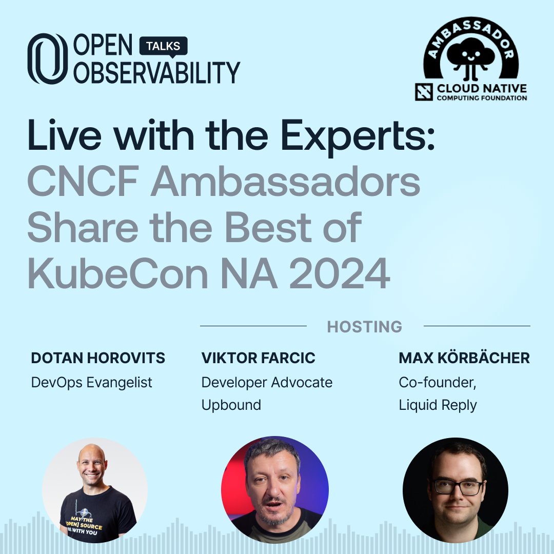 OpenObservability (@openobserv) on Twitter photo ๐ข November episode is out! ๐ข
<a href="/CNCFAmbassadors/">CNCF Ambassadors</a> Share the Best of #KubeCon 2024
With <a href="/vfarcic/">Viktor Farcic</a> <a href="/mkoerbi/">Max Kรถrbรคcher ๐ช๐บ๐๐บ๐ฆ</a> and host <a href="/horovits/">๐ณ๐๐๐๐ ๐ท๐๐๐๐๐๐๐ ๐ </a>
Check it out on YouTube and all the podcast apps:
๐ง creators.spotify.com/pod/show/openoโฆ
๐บ youtube.com/watch?v=1TrPevโฆ
Or read the recap post:
๐medium.com/@horovits/the-โฆ ๐ข November episode is out! ๐ข
<a href="/CNCFAmbassadors/">CNCF Ambassadors</a> Share the Best of #KubeCon 2024
With <a href="/vfarcic/">Viktor Farcic</a> <a href="/mkoerbi/">Max Kรถrbรคcher ๐ช๐บ๐๐บ๐ฆ</a> and host <a href="/horovits/">๐ณ๐๐๐๐ ๐ท๐๐๐๐๐๐๐ ๐ </a>
Check it out on YouTube and all the podcast apps:
๐ง creators.spotify.com/pod/show/openoโฆ
๐บ youtube.com/watch?v=1TrPevโฆ
Or read the recap post:
๐medium.com/@horovits/the-โฆ