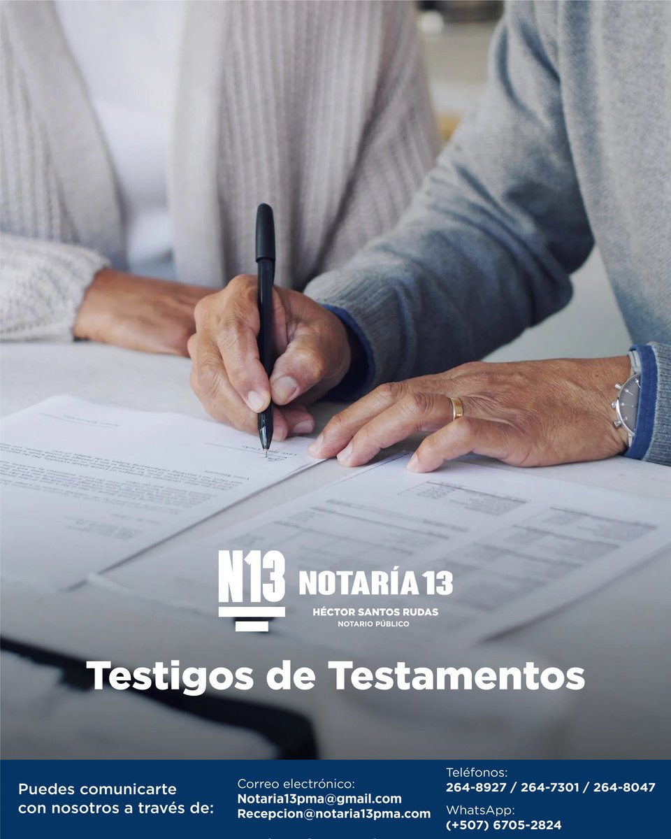 HJSANTOSRUDAS's tweet photo. Detrás de cada testamento válido, hay un acto de confianza respaldado por testigos. En Notaría 13, te aseguramos un proceso transparente, ágil y con la importancia que merece tu voluntad.
#Notaría13 #Panamá #Pty #Conpasofirme #AcortandoDistancias #TramitesLegales #PoderNotarial https://t.co/pRmIv9cSIo