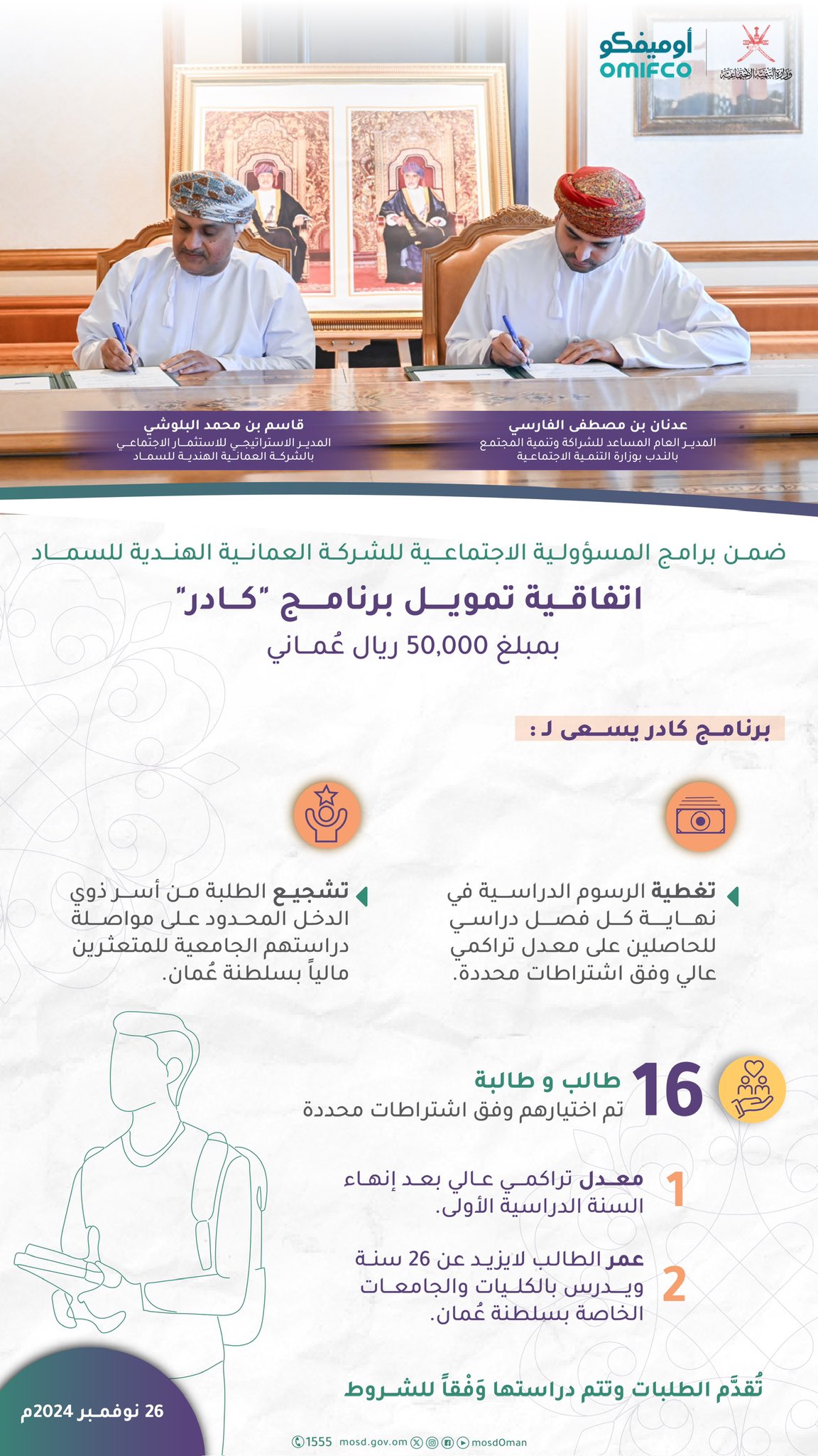 تصميم يتضمن صورة من توقيع اتفاقية تمويل برنامج كادر يتضمن التصميم أسماء الموقعين وقع من جانب الوزارة عدنان بن مصطفى الفارسي المدير العام المساعد للشراكة وتنمية المجتمع بالندب بوزارة التنمية الاجتماعية، وقع من جانب الشركة قاسم بن محمد البلوشي المدير الاستراتيجي للاستثمار الاجتماعي بالشركة العمانية الهندية للسماد كتب في التصميم : ضمن برامج المسؤولية الاجتماعية للشركة العمانية الهندية للسماد اتفاقية تمويل برنامج "كادر" بمبلغ 50,000 ريال عماني برنامج كادر يسعى لـ : تغطية الرسوم الدراسية في نهاية كل فصل دراسي للحاصلين على معدل تراكمي عالي وفق اشتراطات محددة. تشجيع الطلبة من أسر ذوي الدخل المحدود على مواصلة دراستهم الجامعية للمتعثرين مالياً بسلطنة عُمان.. 16 طالب و طالبة تم اختيارهم وفق اشتراطات محددة معدل تراكمي عالي بعد إنهاء السنة الدراسية الأولى. عمر الطالب لا يزيد عن 26 سنة ويدرس بالكليات والجامعات الخاصة بسلطنة عُمان. تُقدَّم الطلبات وتتم دراستها وَفْقًا للشروط
