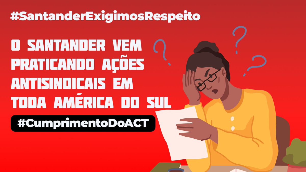 #SantanderExigimosRespeto.
Representantes sindicais de toda a América do Sul denunciam as práticas do Santander: fechamento de agências, terceirizações e ataques diretos aos sindicatos.
#SantanderRespeiteOsTrabalhadores <a href="/santander_es/">Santander España</a> <a href="/AnaBotin/">Ana Botín</a> 
<a href="/santander_br/">Santander Brasil</a>
<a href="/bancosantander/">Santander</a>