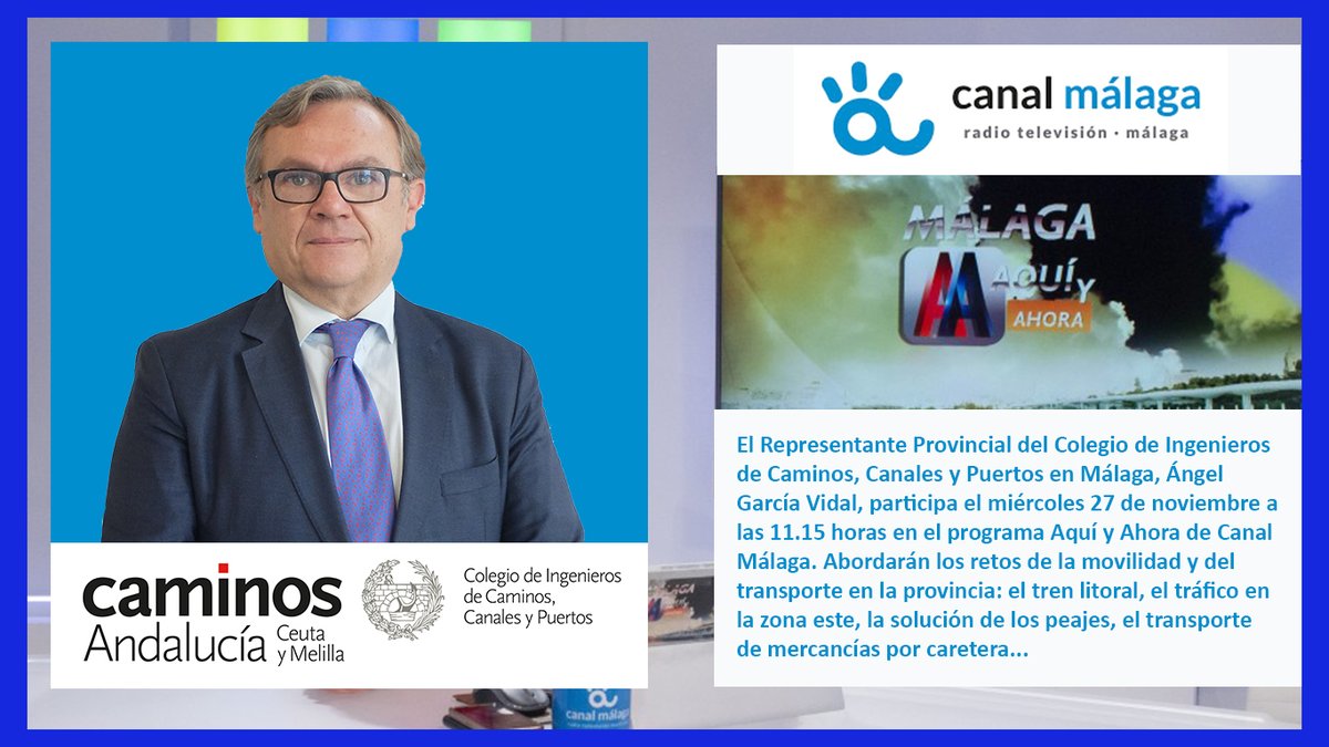 El Representante en Málaga del <a href="/CICCPDemAndaluc/">CICCP Andalucia</a>
<a href="/AngelGarciVidal/">Angel García Vidal</a> hablará de movilidad, transporte y soluciones viarias en la provincia en el programa Aquí y Ahora de <a href="/CanalMalagaRTV/">Canal Málaga RTV</a>

27 Noviembre 
11.15 horas 
canalmalaga.es/malaga-aqui-ah…