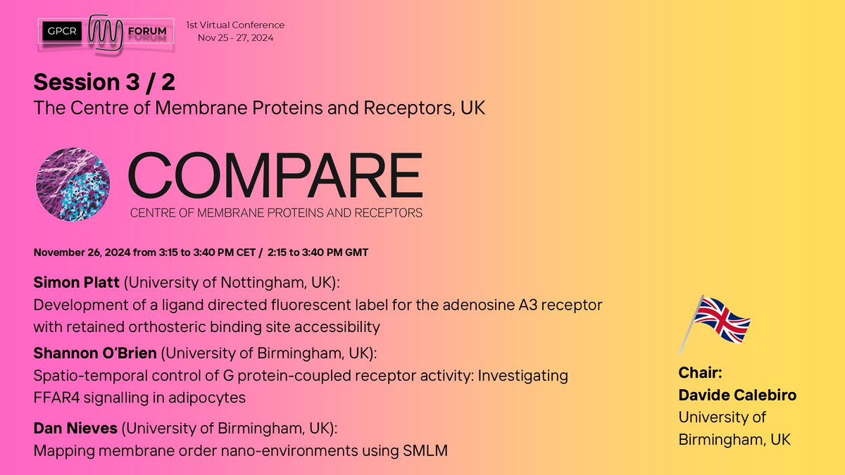 🧪Exciting updates from COMPARE at 1st #GPCRForum Virtual Conference!
🔬 Ligand-directed fluorescent label (Simon Platt, Nottingham) 🕒 GPCR spatio-temporal signaling (Shannon O'Brien, Birmingham)  Nano-environment mapping w/ SMLM (Dan Nieves, Birmingham)
Chair: Davide Calebiro